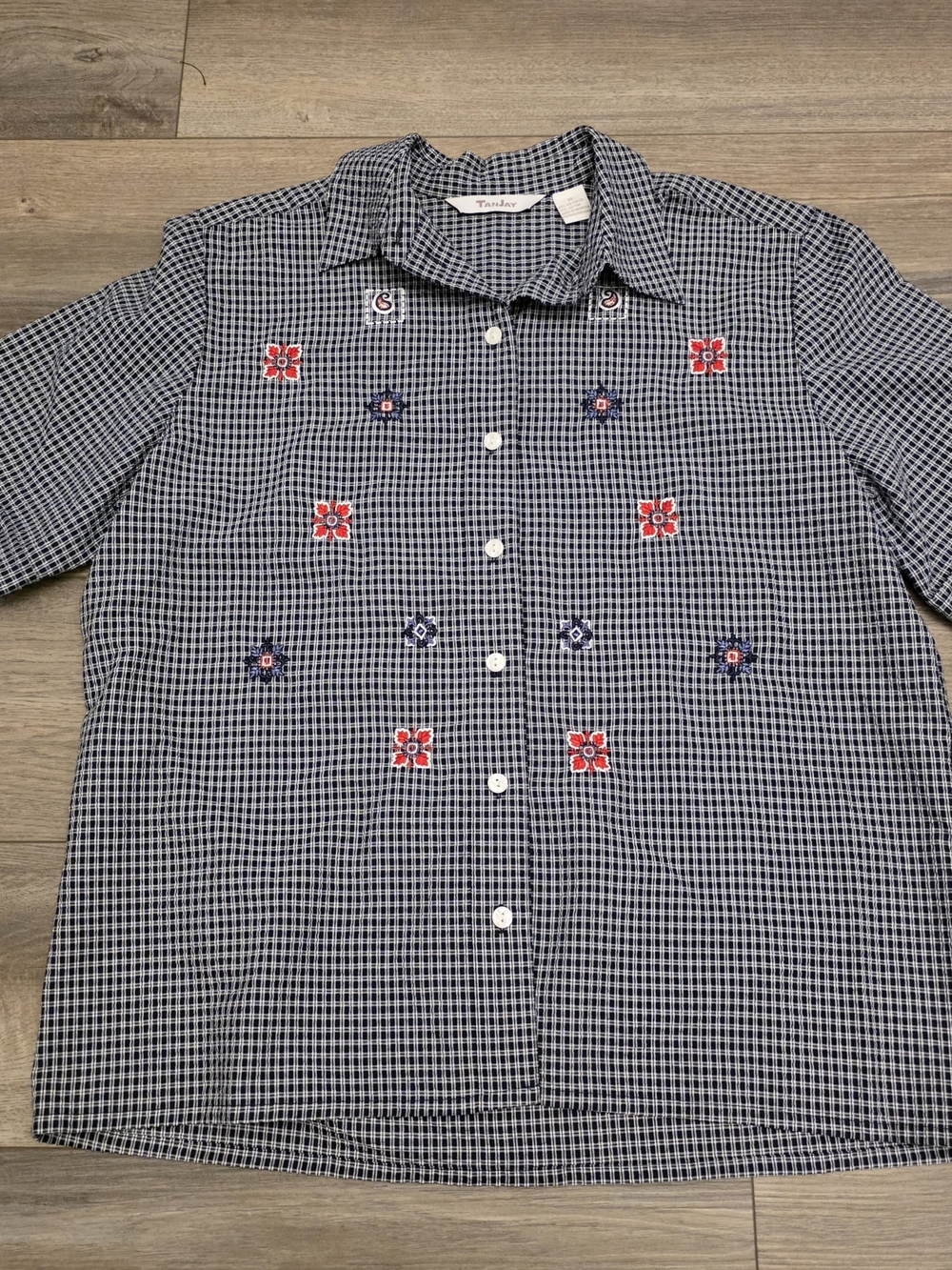 Vintage Tan Jay Petites Gingham Shirt Button Front Short Sleeve Blue and White S
